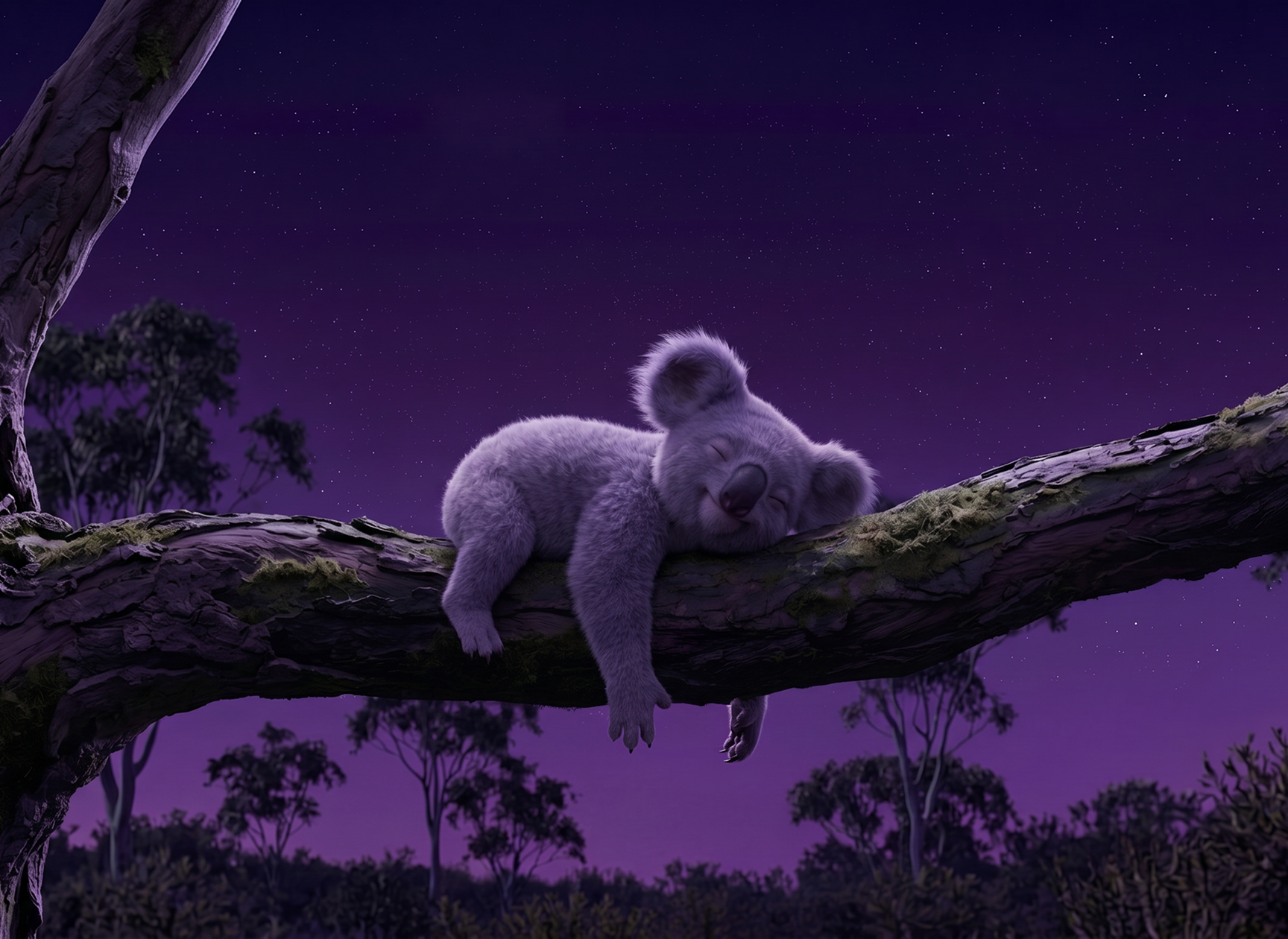 Sleeping koala on a branch at night